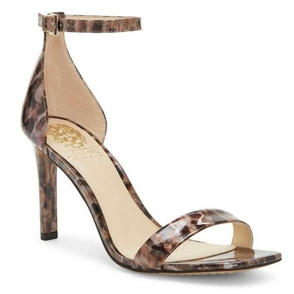 VINCE CAMUTO Ankle Strap Patent Leather Heels Leopard Print Size 7.5 Open Toe - Picture 2 of 13